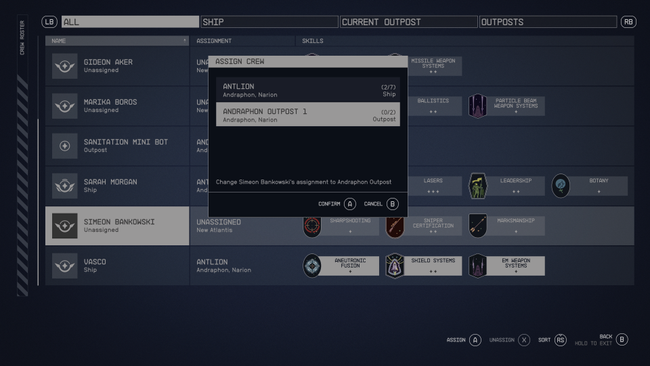 Once your outpost is ready for crew, you simply assign them via the same menu you use to assign crew to your ship.
