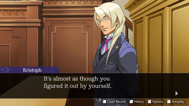 A screenshot to accompany this walkthrough guide to Apollo Justice: Ace Attorney, with character Kristoph smiling at the camera.