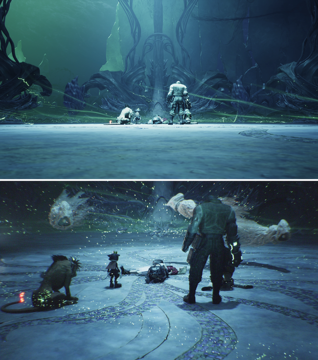 When the scene is seen from a general perspective, Whispers are not present (Top). When seen from Cloud's perspective, White Whispers circle Aerith (bottom).