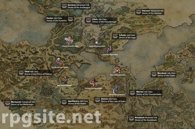 A map showing the locations of all Job Shrines in Octopath Traveler.