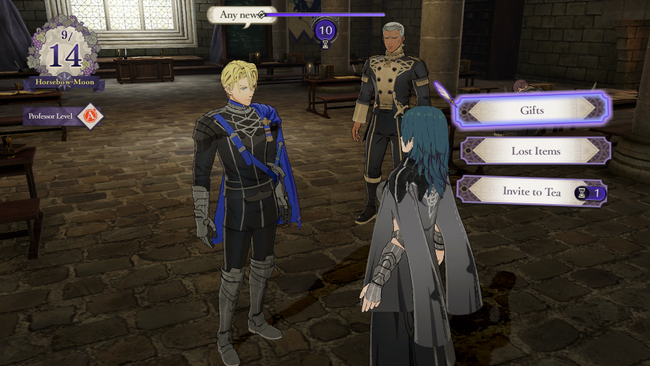 Talk to a character to give them Gifts during the Fire Emblem Three Houses Exploration phases.