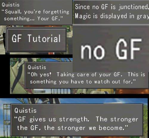 Dialogue boxes from Final Fantasy VIII concerning the GF system in a meme format.