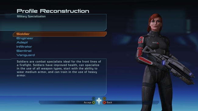 During the 'Profile Reconstruction' phase of charactrer creation, you'll get to choose between Mass Effect's 6 classes.